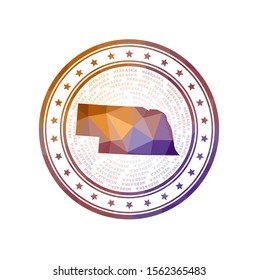 Flat low poly stamp of Nebraska. Polygonal Nebraska badge. Trendy vector logo of the US state.