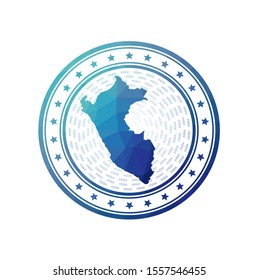 Flat low poly stamp of Peru. Polygonal Peru badge. Trendy vector logo of the country.