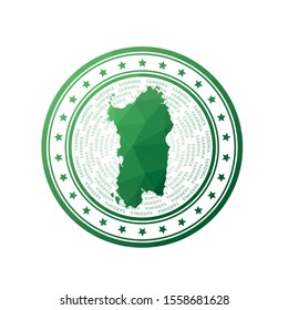Flat low poly stamp of Sardinia. Polygonal Sardinia badge. Trendy vector logo of the island.