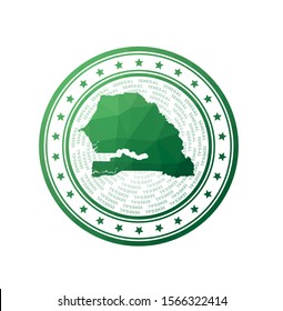 Flat low poly stamp of Senegal. Polygonal Senegal badge. Trendy vector logo of the country.