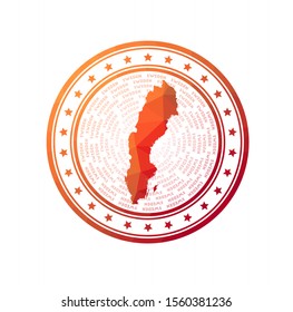 Flat low poly stamp of Sweden. Polygonal Sweden badge. Trendy vector logo of the country.