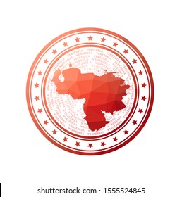 Flat low poly stamp of Venezuela. Polygonal Venezuela badge. Trendy vector logo of the country.