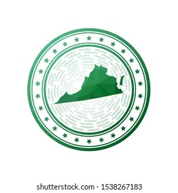 Flat low poly stamp of Virginia. Polygonal Virginia badge. Trendy vector logo of the US state.