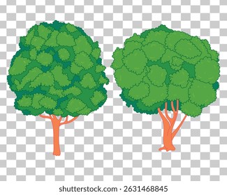 Flat or lowbrow nature-themed illustration of two stylized trees on a transparent background. Ideal for eco designs, environmental graphics, outdoor posters, and minimal foliage artwork or decor
