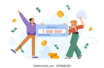 Flat lucky couple win lottery jackpot. Happy winners holding bank check for million dollars. Young characters with huge money prize from casino gambling game. Man and woman hold big winning bill.