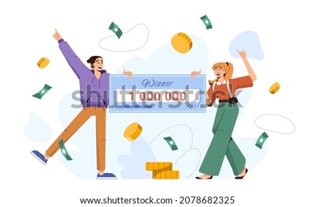 Flat lucky couple win lottery jackpot. Happy winners holding bank check for million dollars. Young characters with huge money prize from casino gambling game. Man and woman hold big winning bill.