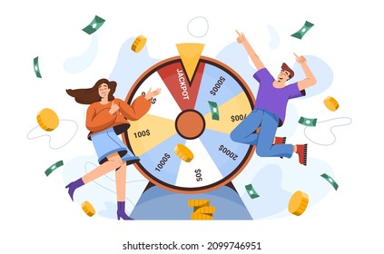 Flat lucky people near fortune wheel win money. Happy millionaires hit jackpot at casino. Cash prize in gambling game of chance. Characters winners with spinning roulette or rotating circle.