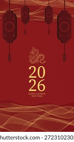 Cartel plano del zodiaco del dragón del año Nuevo lunar de lujo con las linternas colgantes, paleta de color rojo profundo y oro, fondo ondulado del patrón de la línea, emblema central del dragón y tipografía 2026