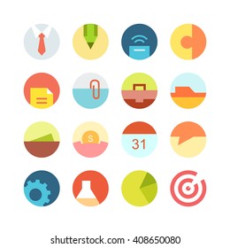 Flat macro business vector icon set - different bright symbols on the colored background