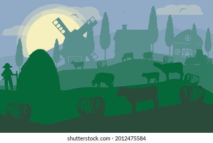 Flat is made for Labor Day on September 6th. Depicts a farm in a field. Working farmer. Grazing cows.