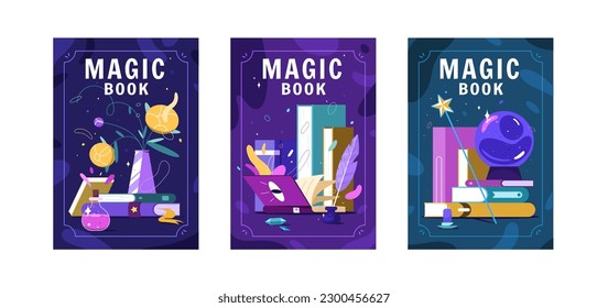 Flat magic book posters or flyers. Literature piles with colourful covers and magical ball. Ancient source of knowledge. Reader club, bookshop or reading hobby concept.