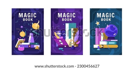 Flat magic book posters or flyers. Literature piles with colourful covers and magical ball. Ancient source of knowledge. Reader club, bookshop or reading hobby concept.