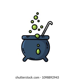 Flat magic cauldron icon with green boiling brew. Witch instrument. Vector cartoon style logo for Halloween