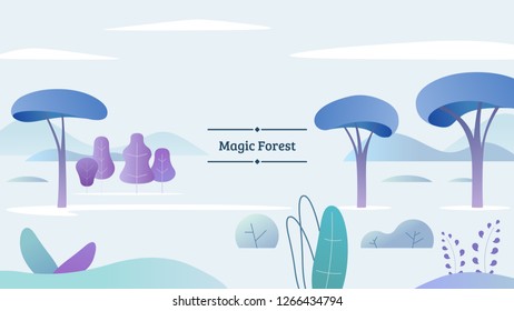 Flat magic forest template. Fantasy space. Spring time. Modern style vector illustration for landing page, website, banners and presentation.