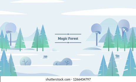 Flat magic forest template. Fantasy space. Winter time. Modern style vector illustration for landing page, website, banners and presentation.