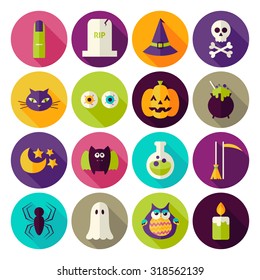 Flat Magic Halloween Witch Circle Icons Set with long Shadow. Flat Styled Vector Illustrations. Autumn Halloween Party Holiday. Tricks and Treats Set. Collection of Circle Icons 

