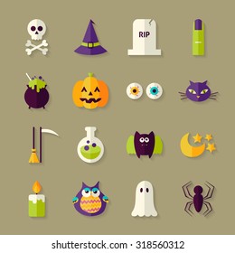 Flat Magic Halloween Witch Objects Set with Shadow. Flat Style Vector Illustrations. Autumn Halloween Party Holiday. Tricks and Treats Set. Collection of Objects over Beige Background
