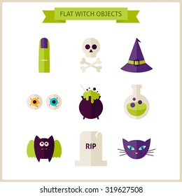 Flat Magic Halloween Witch Objects Set. Vector Illustration. Collection of Scary Autumn Halloween Party Holiday Objects Isolated over white. Tricks and Treats Concept

