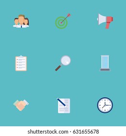 Flat Magnifier, Clock, Task List And Other Vector Elements. Set Of Business Flat Symbols Also Includes Document, Unity, Advertisement Objects.