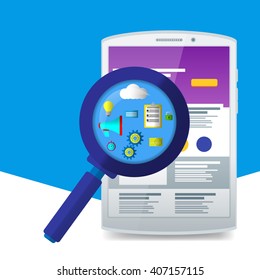 Flat magnifier with seo icons. Web sites and applications on white tablet