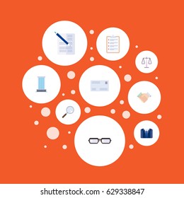 Flat Magnifier, Task List, Libra And Other Vector Elements. Set Of Business Flat Symbols Also Includes Scales, Spectacles, Handshake Objects.