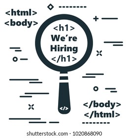 Flat magnifying glass with code symbol. design concept search icon with magnifier and text about hiring programmer, coder or developer. Illustration for mobile application, programming code