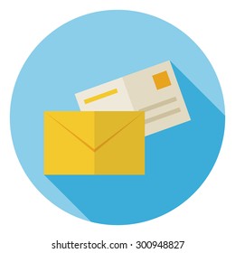 Flat Mail Envelope with Post Letter Circle Icon with Long Shadow. Business Vector Illustration. Office Life Workspace Object. Communication and Postal Life