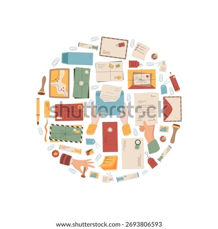 Flat mail letter circle concept icon in modern style. Envelope, postcard, card, stamp, and paper with handwritten details. Mail icon for postal correspondence, communication, or stationery template,
