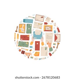 Flat mail letter sticker concept circle. Envelope, card, paper and message stamp arrangement. Correspondence, creative sticker icon, paper mail element in round circle, modern flat style for