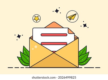 Flat mail sending with rocket concept. Writing icon for books and articles on working on internet. Graphic element for websites and pages. Cartoon vector illustration isolated on yellow background