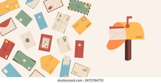 Flat mailbox with paper mail and letters template, trendy handwritten postcard design, creative style handmade envelope and postal box illustration, cartoon greeting letter background,