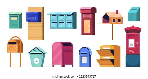 Flat mailbox or post box set. Color letterboxes for correspond letters delivery. Street stainless mail boxes or containers for paper correspondence, postal envelopes vector cartoon illustration.
