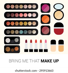 Flat Make Up Kit vector Set, Cosmetics, Eye shadow, Blush on, foundation, Powder, Lipstick