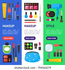 Flat Make Up Tools Cosmetics, Mascara and Brushe Banner Vecrtical Set. Vector illustration