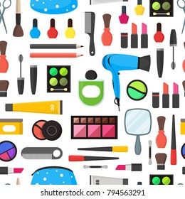 Flat Make Up Tools Seamless Pattern Background on a White Cosmetics, Mascara and Brushes. Vector illustration