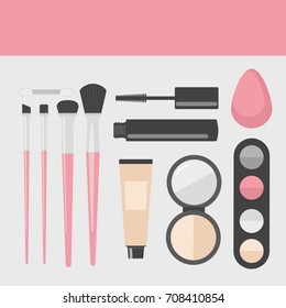 Flat makeup and cosmetics products and tools. Lipstick, brushes, eyeshadow mascara, powder and mascara vector illustration