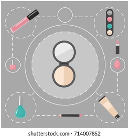 Flat makeup and cosmetics products and tools. Lipstick, brushes, eyeshadow mascara, powder and mascara vector illustration