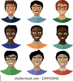 Flat male avatar set of different nationalities. Contains Asian, African and European portraits of men