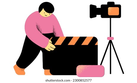 Flat male character of cameraman with camcorder or video camera