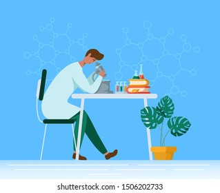Flat male character in chemical or medical laboratory with equipment for experiment. Doctor or scientist with microscope in lab. Glass flasks and test tubes with liquids, reagents. Vector illustration