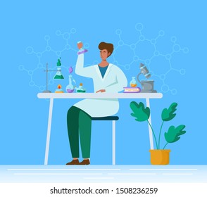 Flat male character in chemical or medical laboratory, equipment for experiment. Doctor or scientist with glass flask in lab. Retorts, books, test tubes with liquids, reagents. Vector illustration