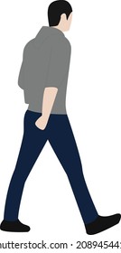 Flat Male Character Walking, Back View, Vector Illustration