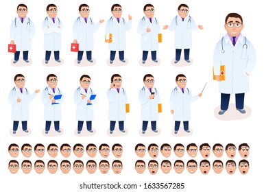 Flat male doctor character design set on white background. Medical staff in lab coat with stethoscope, first aid kit, emotion facial expressions. Healthcare medical concept cartoon vector illustration