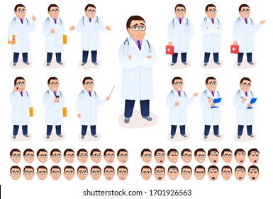 Flat male doctor character design set on white background. Young Caucasian physician in white coat. Medical staff with stethoscope first aid kit emotion facial expressions. Cartoon vector illustration