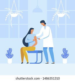 Flat Male Doctor Making Injection to Female Patient. Clinic or Hospital Cartoon Interior. Innovative Medicine Testing or Disease Treatment. Vaccination. Vector Medicine Healthcare Illustration