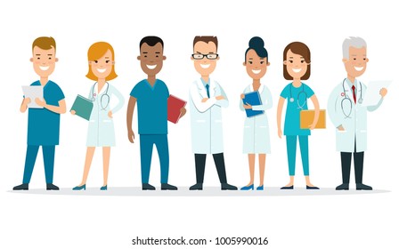Flat male and female doctors healthcare vector illustration people cartoon characters icon set. Health care hospital medical staff in uniform: doctor, nurse. Professional medicine team concept.