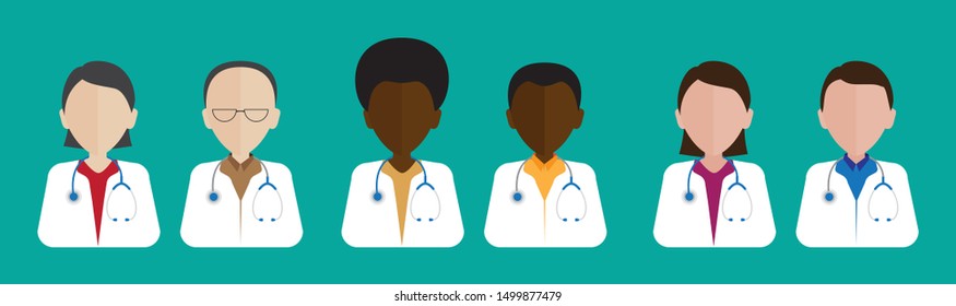 Flat male and female doctors healthcare vector illustration people cartoon avatar profile characters icon set. Health care hospital medical staff: doctor, nurse. Professional medicine team concept