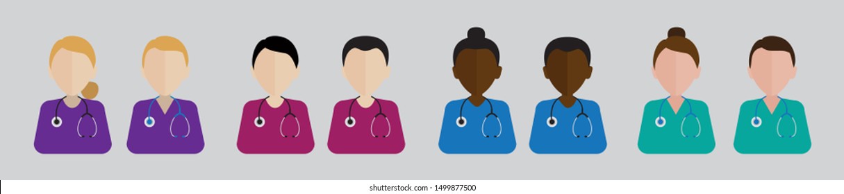 Flat male and female doctors healthcare vector illustration people cartoon avatar profile characters icon set. Health care hospital medical staff: doctor, nurse. Professional medicine team concept