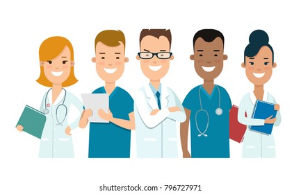 Flat male and female doctors healthcare vector illustration people cartoon characters icon set. Health care hospital medical staff in uniform: doctor, nurse. Professional medicine team concept.