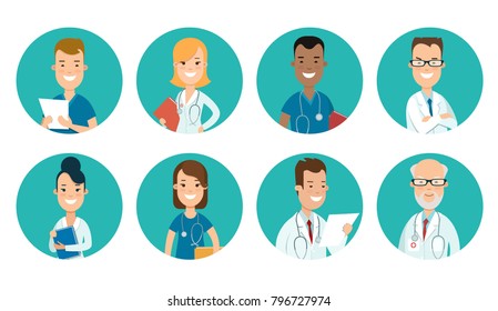 Flat male and female doctors healthcare vector illustration people cartoon avatar profile characters icon set. Health care hospital medical staff: doctor, nurse. Professional medicine team concept.